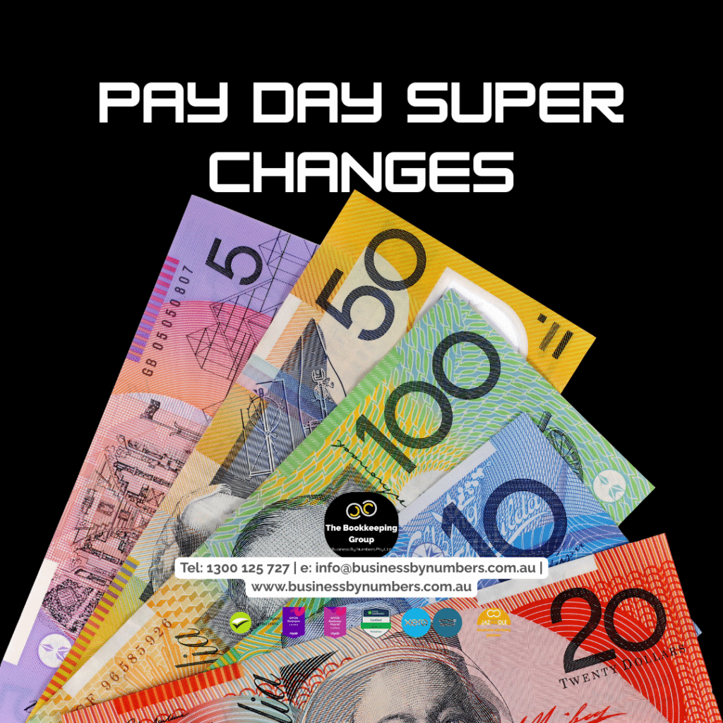 Image black background, Australian currency notes and title, Pay Day Super Changes