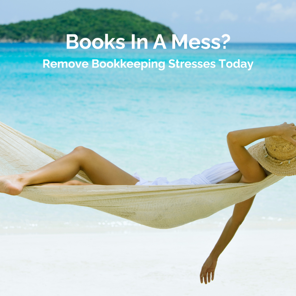 Picture of woman in hammock on beach with title "Books in a mess?"
